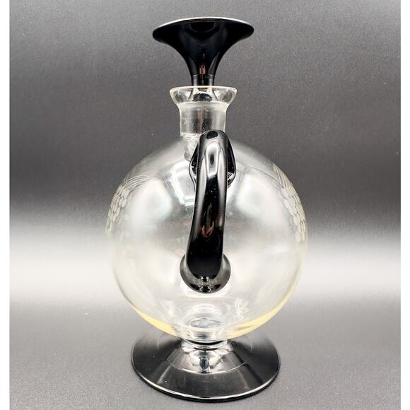 Lyngby Glass Decanter Art Deco Danish Etched Grapes Black Foot and Stopper c 40s - Picture 7 of 13